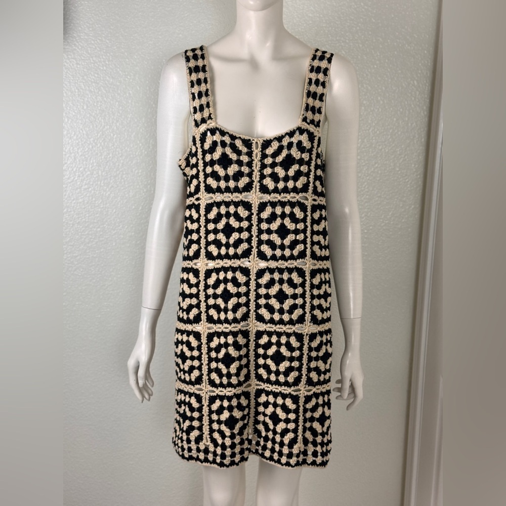 VICI Solana Patchwork Crochet Mini Cover Up Dress Black Ivory Sz X-Large E25 - Picture 4 of 15